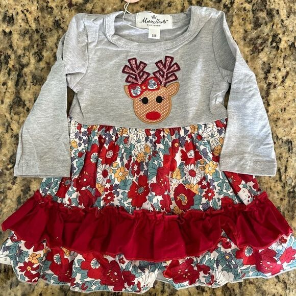 NWT Infant Floral Ruffle Reindeer Dress Christmas Holiday - Size 6-12 month - Picture 4 of 6